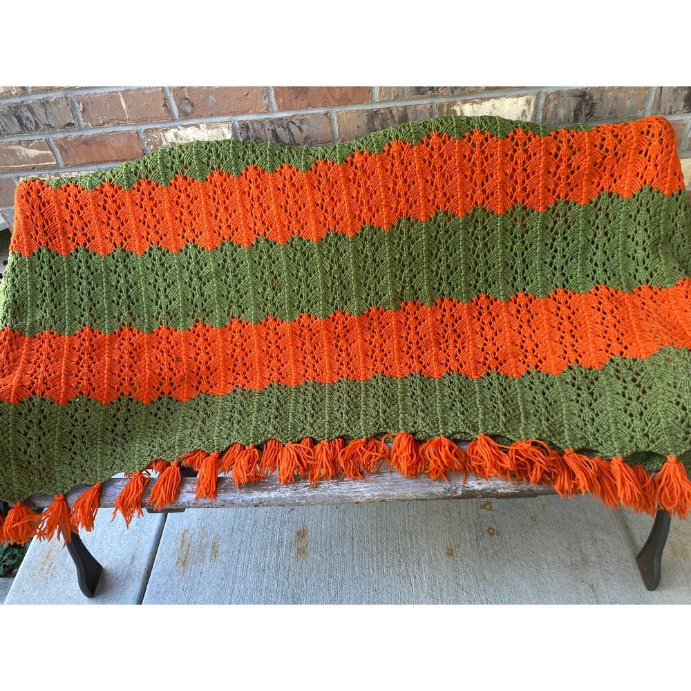 62" x 64" Crocheted Throw Blanket Green & Orange Vintage Afgan